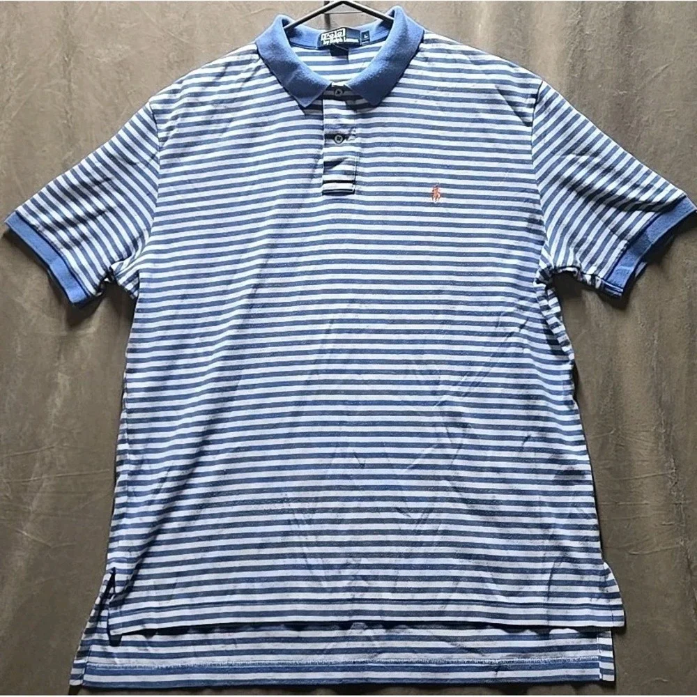 Polo Ralph Lauren Shirt Mens Size Large Blue Striped Short Sleeve Orange Pony